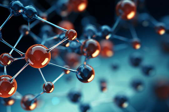 A photo of a network of molecules, with some molecules highlighted, representing key elements in a chemical system Generative AI
