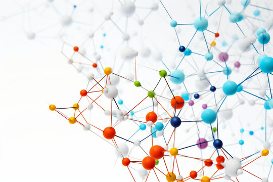 A picture of a network of molecules on a white background, with vibrant colors, illustrating diverse molecular species Generative AI