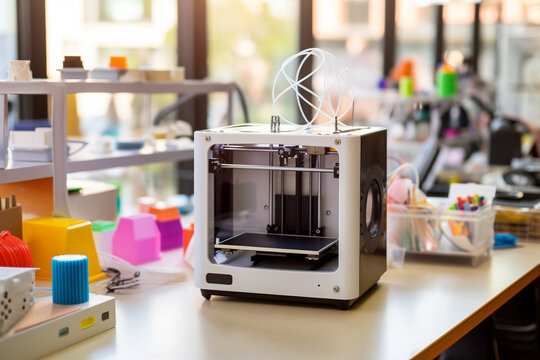 A photo of a 3D printer in a classroom, engaged in educational projects that encourage learning and innovation Generative AI