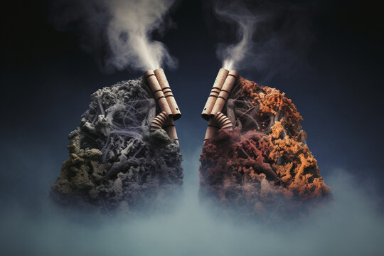 An image of a healthy pair of lungs contrasted with blackened and diseased lungs to illustrate the harmful effects of smoking Generative AI