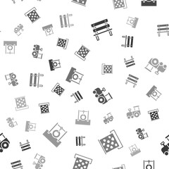 Set Bench, Climbing wall, Toy train and Car tire hanging on rope on seamless pattern. Vector