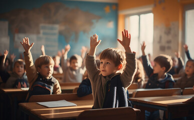 learning and education, children's development, knowledge, and young students raise their hands to ask for opinions. generative AI