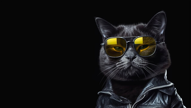 Black stern cat in yellow sunglasses and a leather jacket on a black background. Cat in the form of a biker. Banner with free space for text. Generated by AI