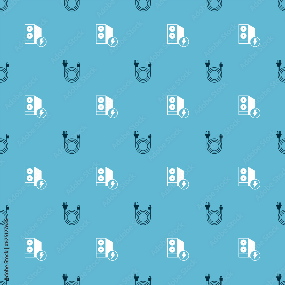 Poster set electric plug and case of computer on seamless pattern. vector