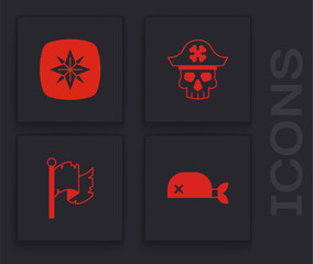 Set Pirate bandana for head, Wind rose, captain and flag icon. Vector