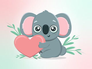 Vector illustration of a cute koala hugging a heart. Cute, funny, illustration for kindergarten, kids, books, cartoons, cards, print on t-shirt. Objects of education and development of children.