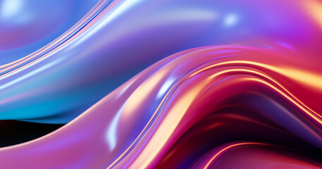 Abstract 3d neon holographic iridescent render. Design visual for background wallpaper banner poster or cover. Fluid organic wave with glass colorful gradient material.