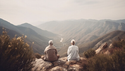 Fototapeta premium Elderly senior couple sitting on a rock in the mountains, back view, AI generated