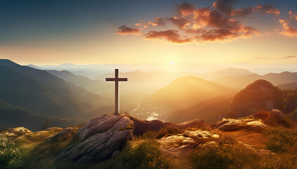 Religious cross on a hilltop at sunset - AI Generated