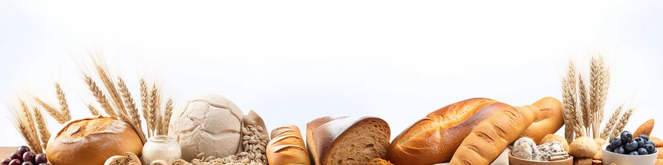 Fotobehang bread and various rolls isolated on a white background composition is a long narrow panorama of the top of the site. Generative AI © kichigin19