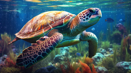Fototapeta premium Ocean pollution is an ecological catastrophe Plastic bags . A turtle surrounded by debris behind. Generative Ai.