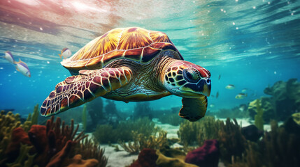 Fototapeta premium Ocean pollution is an ecological catastrophe Plastic bags . A turtle surrounded by debris behind. Generative Ai.