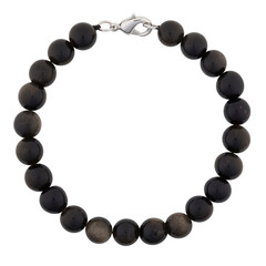 Bracelet made of black polished stone with a metal clasp. On a white background.