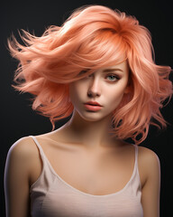 Fototapeta premium Schönes Frauen Gesicht mit moderner Frisur und fliegenden Haaren Nahaufnahme, ai generativ