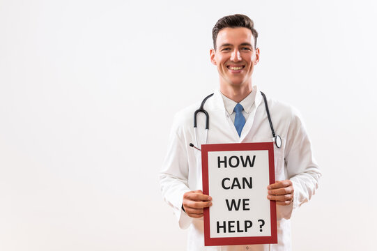 Image of doctor holding paper with question how can we help.