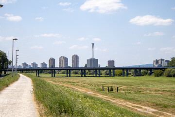 Fototapeta na wymiar Freedom Bridge with Zagreb buildings
