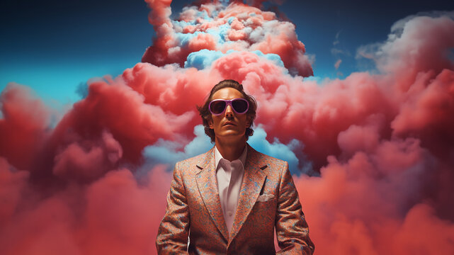 Gesch&auml;ftsmann im Business Outfit mit rosa Wolken im Rausch unter Drogen, ai generativ