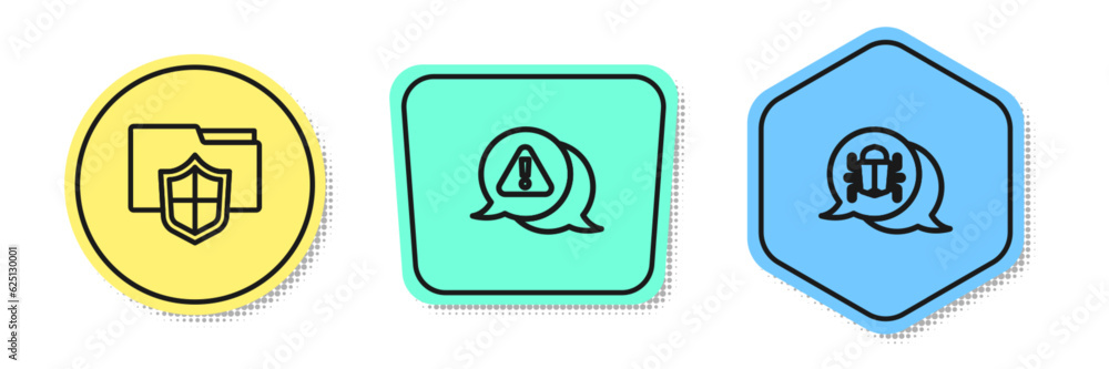 Poster set line document folder protection, exclamation mark in triangle and system bug. colored shapes. ve