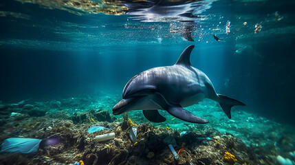 Obraz premium A dolphin trapped in a plastic bag in the ocean. Environmental Protection/ Generative ai/