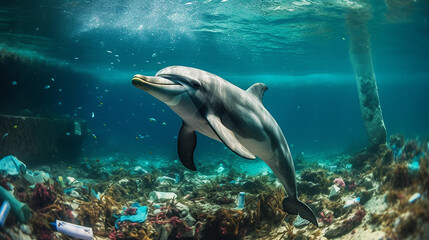 Fototapeta premium A dolphin trapped in a plastic bag in the ocean. Environmental Protection/ Generative ai/