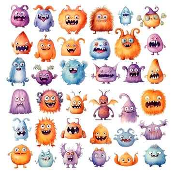 Set of cute watercolor monsters. White background. Generative AI