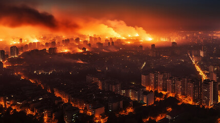 Naklejka premium Fire near within the city. Smoke and smell pollute . Generative Ai.