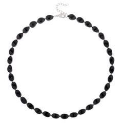 Necklace of dark stone carved on a white background
