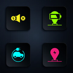 Set Charging parking electric car, Electric motor, and Battery charge. Black square button. Vector