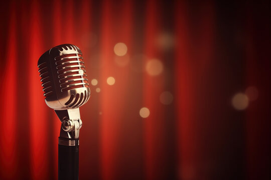 Music, vocals, karaoke, performance concept. Concert silver vocal microphone in vintage design on a red backstage background, copy space