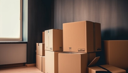 Cardboard boxes with packed items in an empty room, moving concept, AI generated