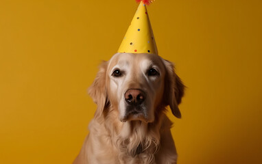 Pet dog in a birthday cap wearing a hat on a yellow background. Generative AI