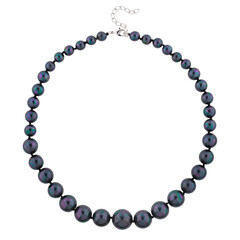 Necklace of dark stone carved on a white background
