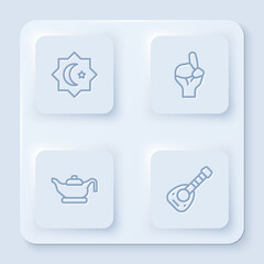 Set line Octagonal star, Hands in praying position, Oil lamp and Lute. White square button. Vector