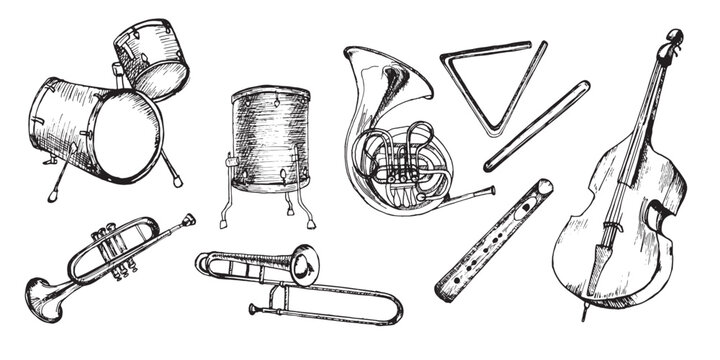 Set of drum kit, contrabass, french horn vector illustration isolated. Musical instruments ink hand drawn. Percussion instrument black white silhouette. Design element for flyer, events, poster
