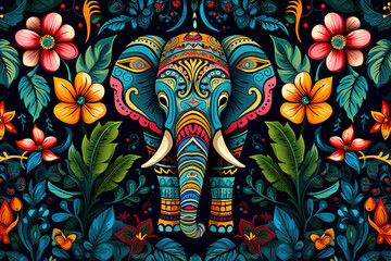 Image of pattern design using an elephant and flowers and leaves. Wildlife Animals. Illustration, Generative AI.