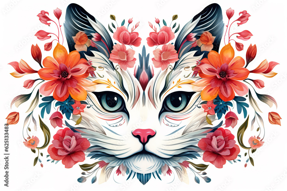 Fototapete Image of pattern design using cat head and flowers and leaves. Pet. Animals. Illustration, Generative AI.