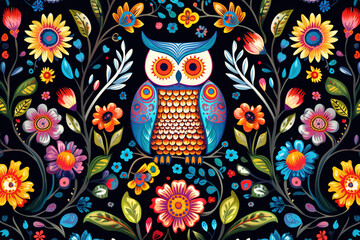 Naklejka premium Image of pattern design using an owl and flowers and leaves. Wildlife Animals. Bird. Illustration, Generative AI.
