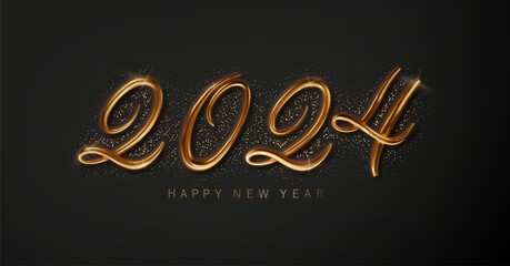 2024 Happy New Year gold hand lettering calligraphy. Vector holiday illustration for banner, poster, congratulations
