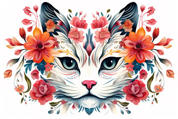 Image of pattern design using cat head and flowers and leaves. Pet. Animals. Illustration, Generative AI.