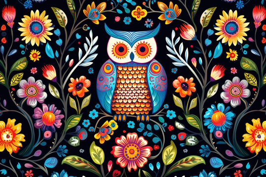Image of pattern design using an owl and flowers and leaves. Wildlife Animals. Bird. Illustration, Generative AI.