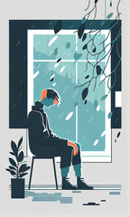 Mental health concept, a lonely man sitting in a room with house plants by the window, psychological problems and stress in a minimalistic flat style. Generative AI
