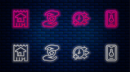 Set line House with shield, Clock, and Online real estate. Glowing neon icon on brick wall. Vector