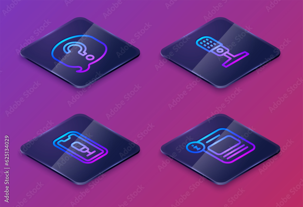 Poster set isometric line speech bubble chat, mobile recording, microphone and information. blue square but