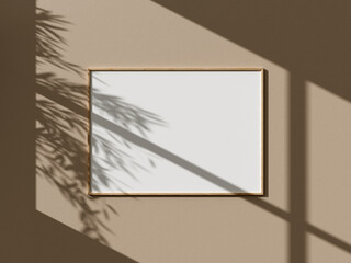 Minimal wooden horizontal picture poster frame mockup on wall leaf shadow