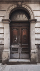 Vintage brown wooden front door on the facade of a building, AI generated