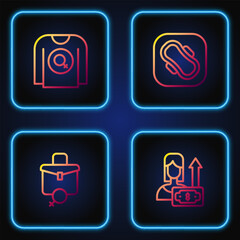Set line Money growth woman, Work for female, Feminist shirt and Sanitary napkin. Gradient color icons. Vector