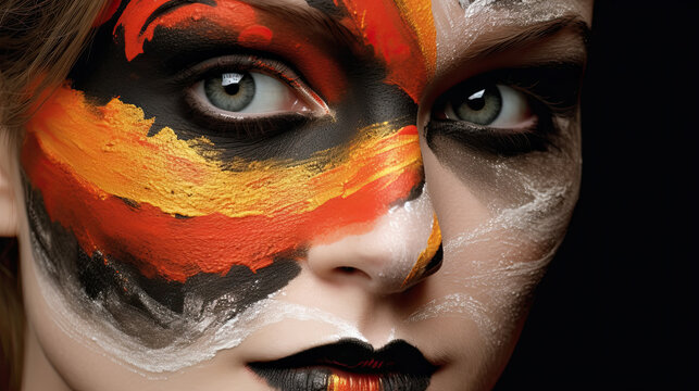 Close-up of painted face. Face art side view in profile. Germany patriotic concept