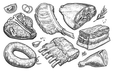 Fresh farm meat products. Hand drawn illustration for butcher shop or restaurant menu. Sketch engraved style - obrazy, fototapety, plakaty