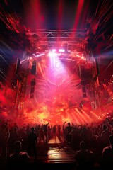 Lights and smoke fill a concert scene with a red stage and crowd. (Generative AI) - 625134887