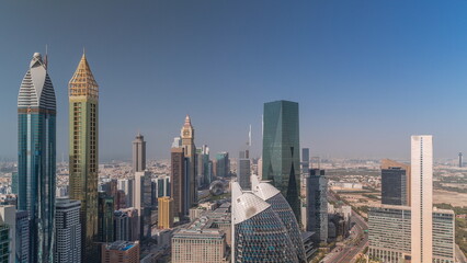 Skyline view of the high-rise buildings on Sheikh Zayed Road in Dubai aerial timelapse, UAE.